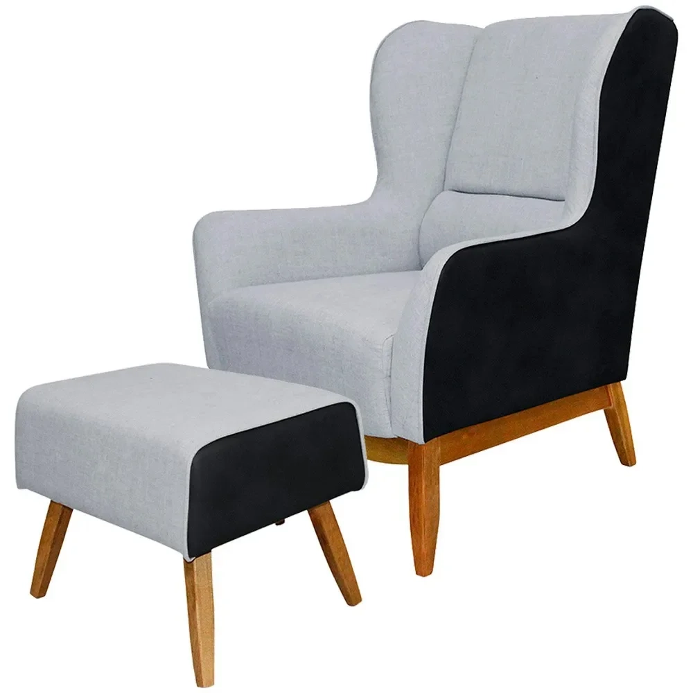 Poltrona Decorativa Base Madeira Milena e Puff Viseo Sintético C-05 Linho D-315 Preto - Domi