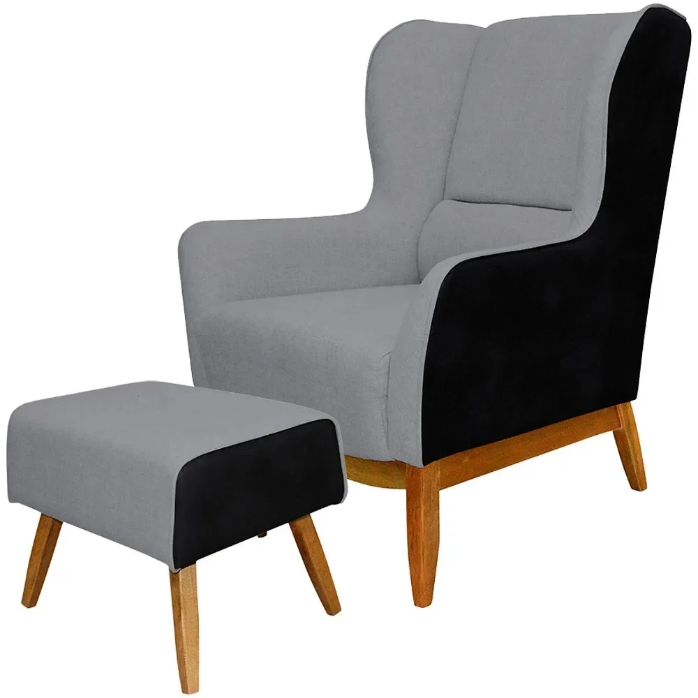 Poltrona Decorativa Base Madeira Milena e Puff Viseo C-05 C-416 Linho Cinza - Domi