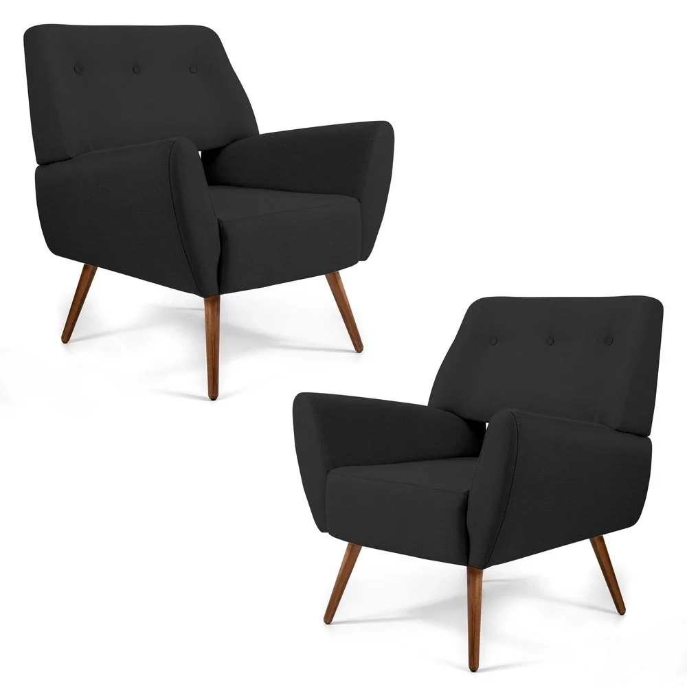 Kit 2 Poltronas Melli Pés Palito Madeira Linho D-465 Chumbo - Domi