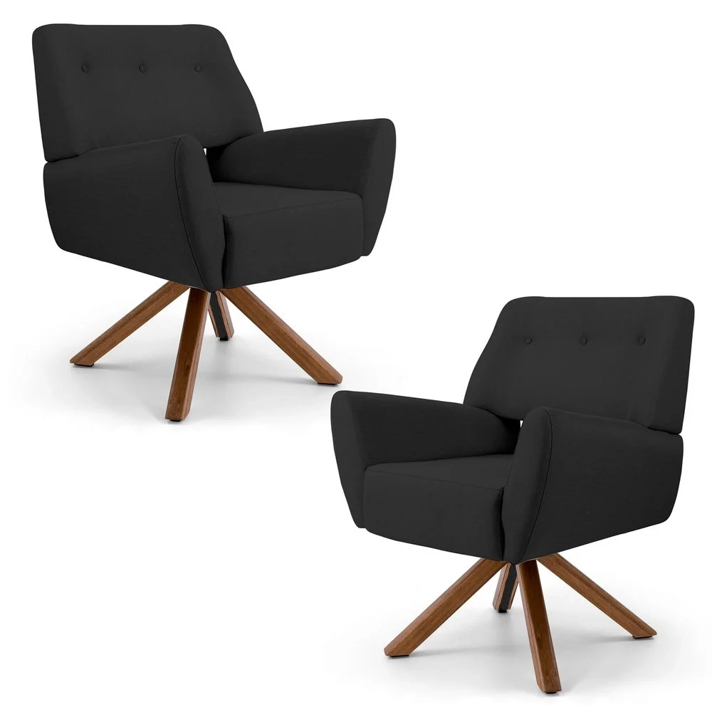 Kit 2 Poltronas Decorativas Melli Base Giromad Giratória Linho D-465 Chumbo - Domi