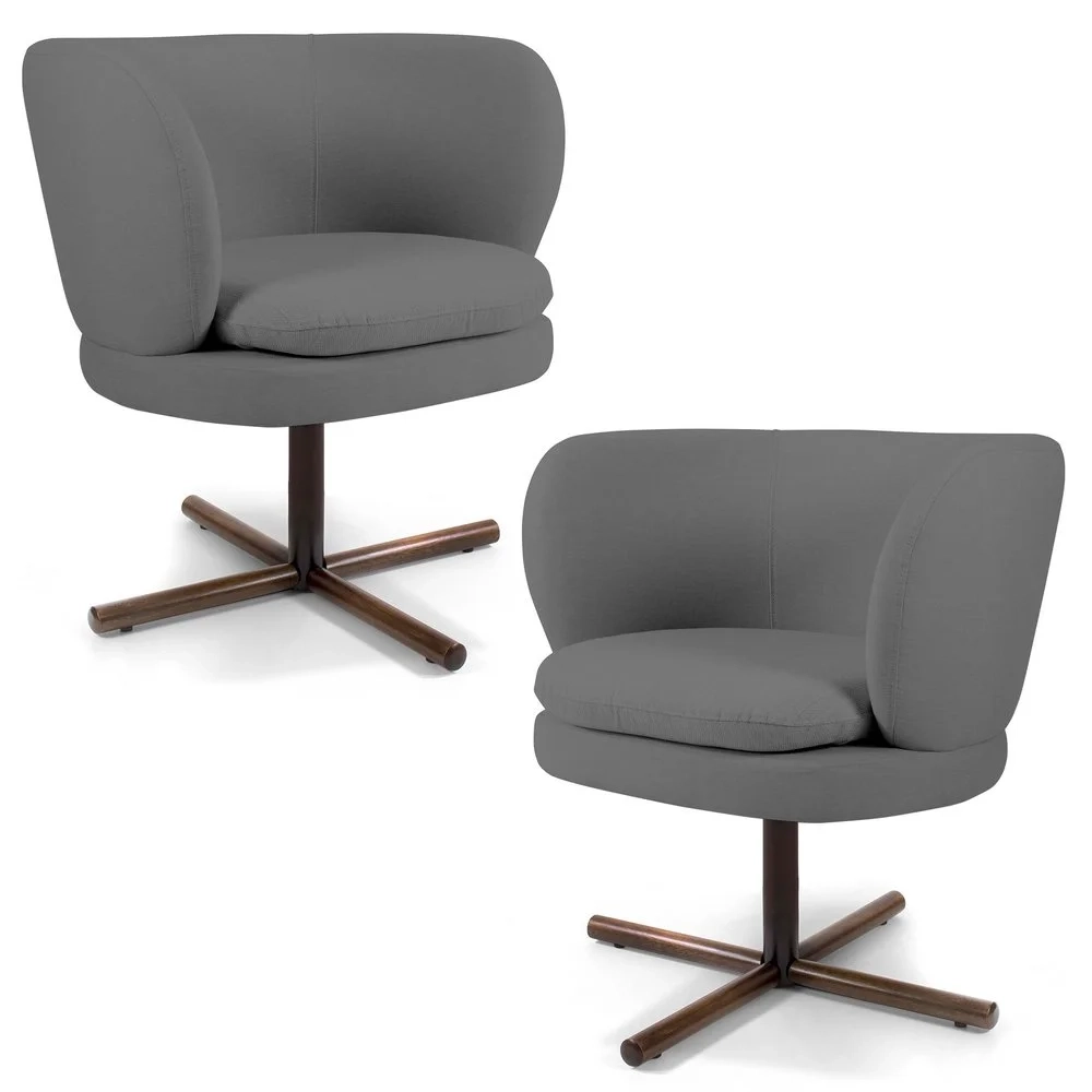 Kit 02 Poltronas Decorativas Melissa Base Xis Giratória C-416 Linho Cinza Escuro - Domi