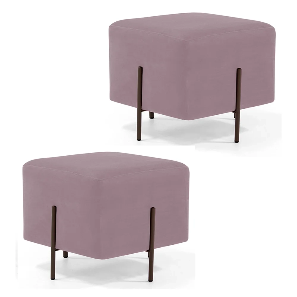 Kit 2 Puffs Decorativos 45cm Base Aço Status C-305 Veludo Rosê - Domi