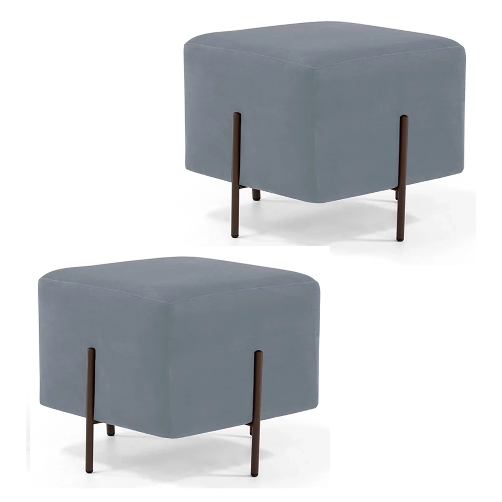 Kit 2 Puffs Decorativos 45cm Base Aço Status C-317 Veludo Cinza - Domi