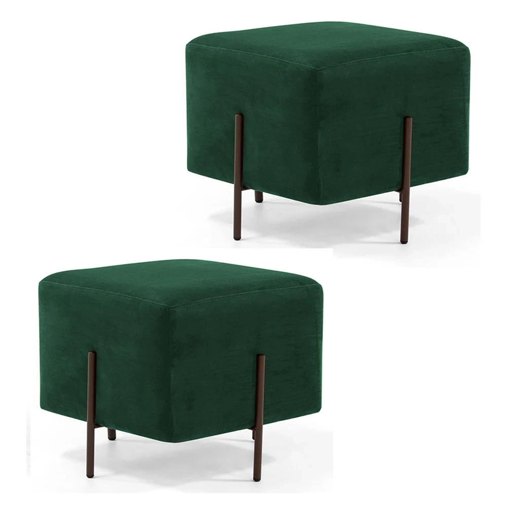 Kit 2 Puffs Decorativos 45cm Base Aço Status C-303 Veludo Verde Musgo - Domi