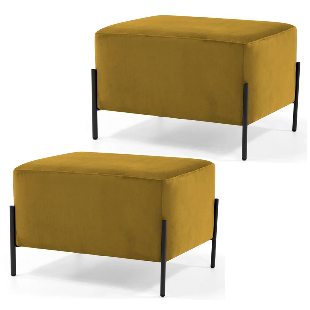 Kit 2 Puffs Decorativos 60cm Base Aço Status C-279 Veludo Mostarda - Domi