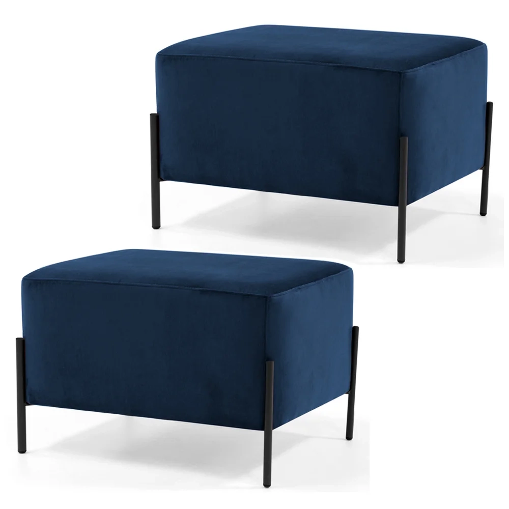 Kit 2 Puffs Decorativos 60cm Base Aço Status C-304 Veludo Azul Marinho- Domi