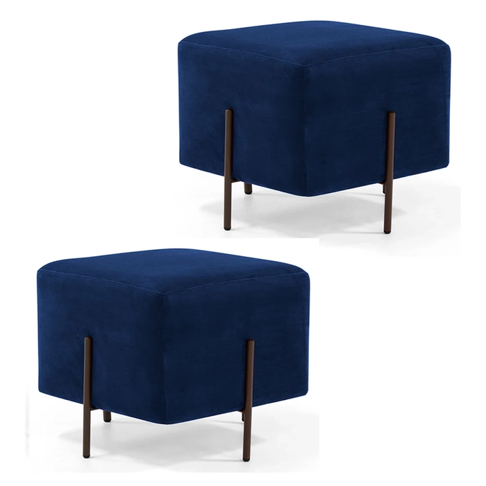 Kit 2 Puffs Decorativos 45cm Base Aço Status C-304 Veludo Azul Marinho - Domi