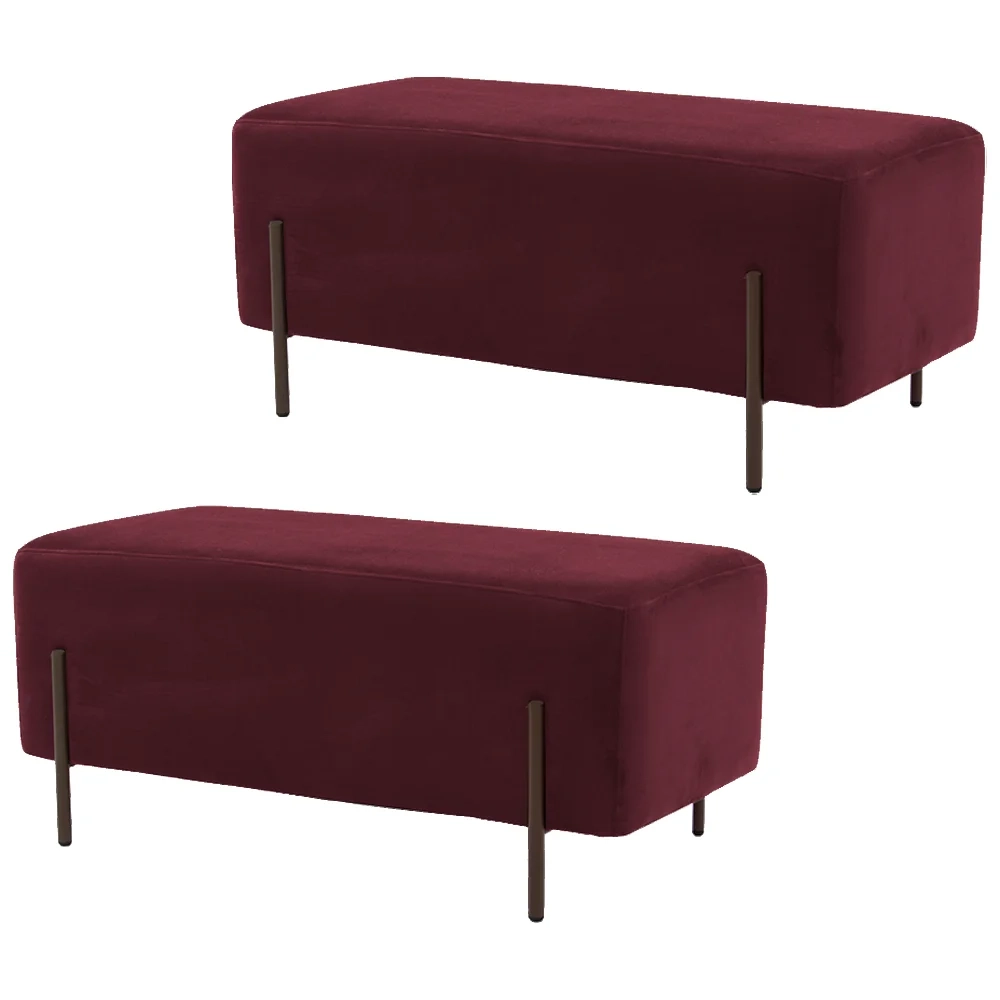 Kit 2 Puffs Decorativos 90cm Base Aço Status C-278 Veludo Marsala - Domi