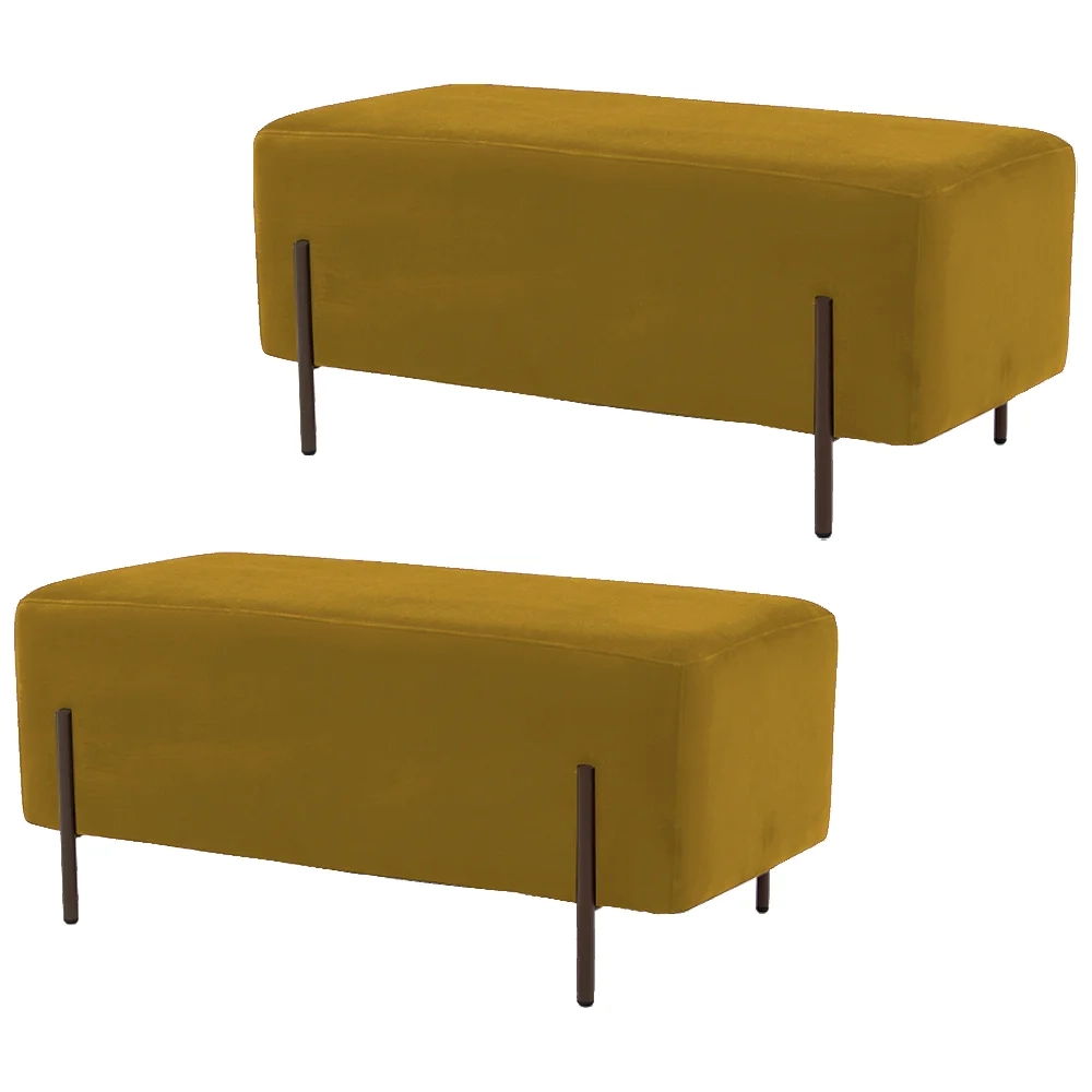 Kit 2 Puffs Decorativos 90cm Base Aço Status C-279 Veludo Mostarda - Domi