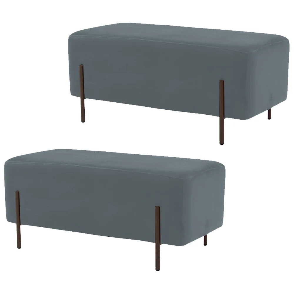 Kit 2 Puffs Decorativos 90cm Base Aço Status C-317 Veludo Cinza - Domi