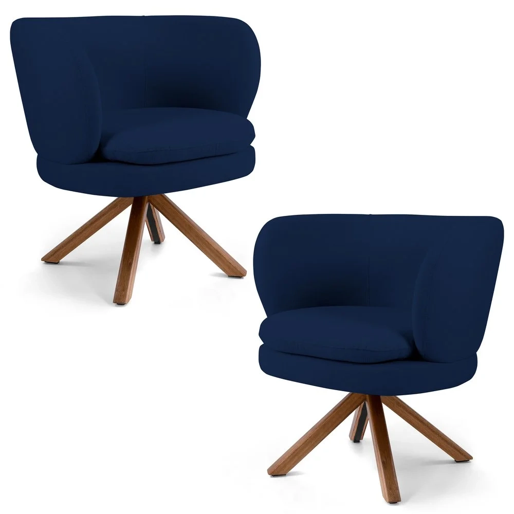 Kit 2 Poltronas Decorativas Melissa Base Giromad Giratória Veludo C-304 Azul Marinho - Domi