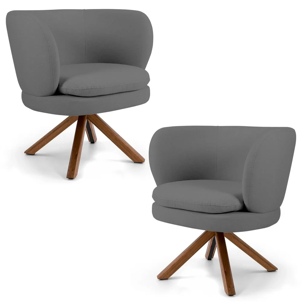 Kit 2 Poltronas Decorativas Melissa Base Giromad Giratória Veludo C-317 Cinza - Domi