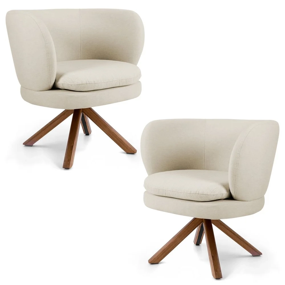 Kit 02 Poltronas Decorativas Melissa Base Giromad Giratória C-107 Linho Bege - Domi