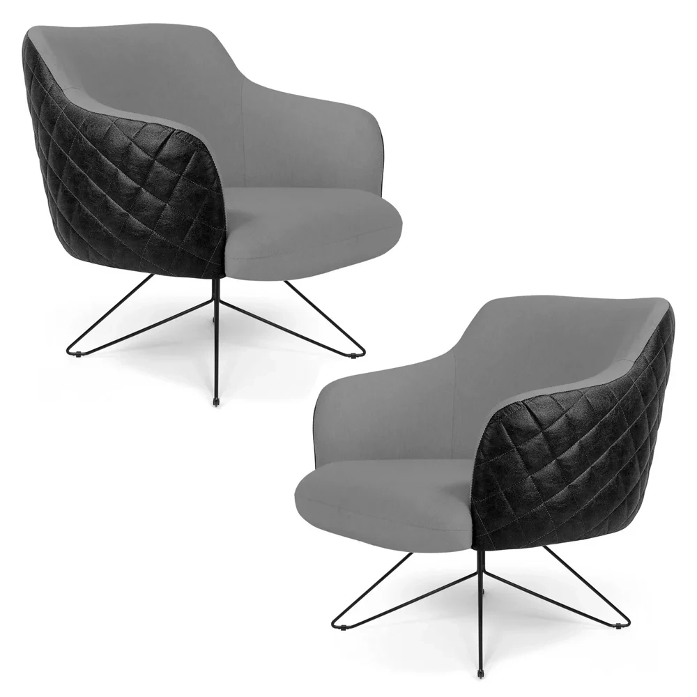Kit 02 Poltronas Decorativas Jade Base Orby Fixa C-416 Corano Tressê Linho Cinza Escuro - Domi