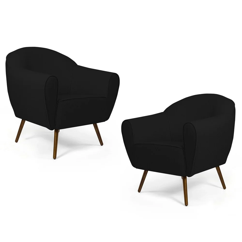 Kit 2 Poltronas Decorativas Pés Palito Madeira Nina C-300 Veludo Preto - Domi