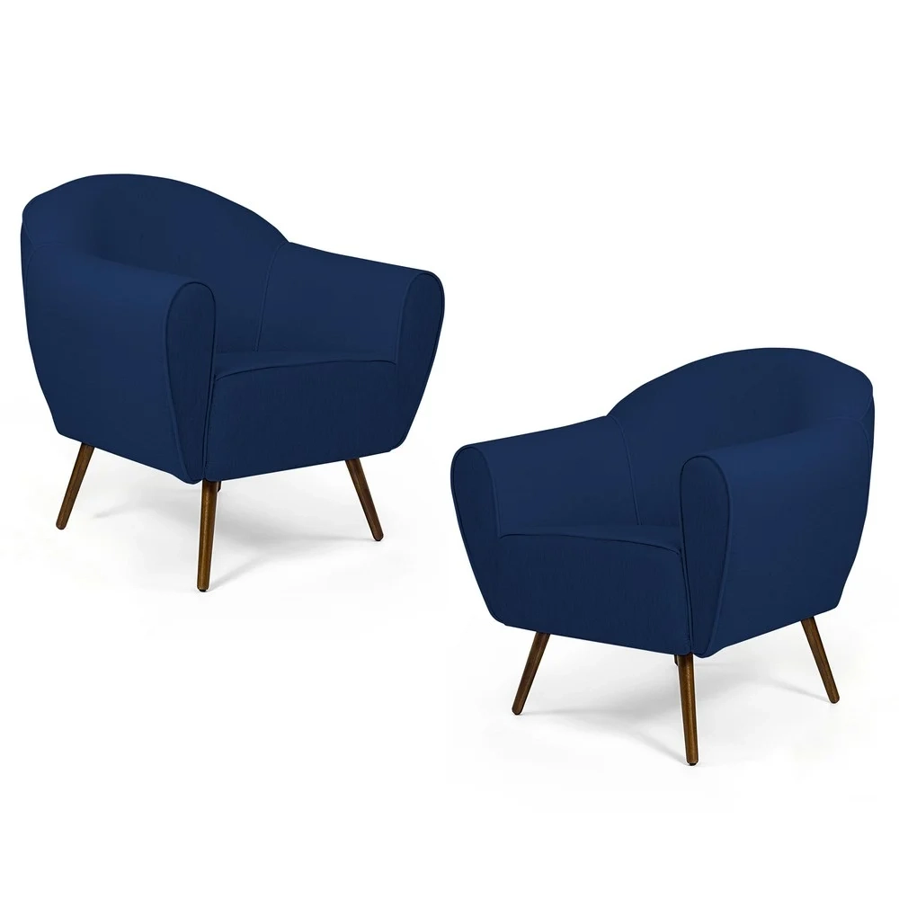 Kit 2 Poltronas Decorativas Pés Palito Madeira Nina C-304 Veludo Azul Marinho - Domi