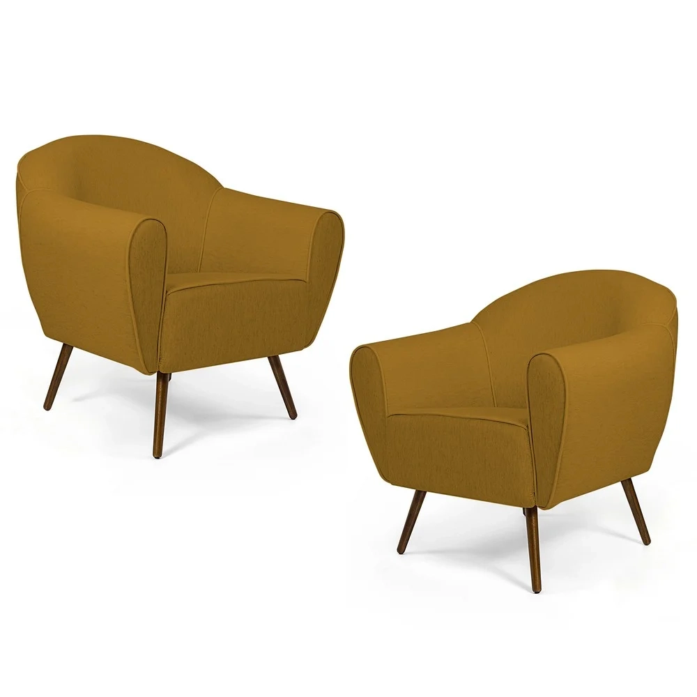 Kit 2 Poltronas Decorativas Pés Palito Madeira Nina C-279 Veludo Mostarda - Domi