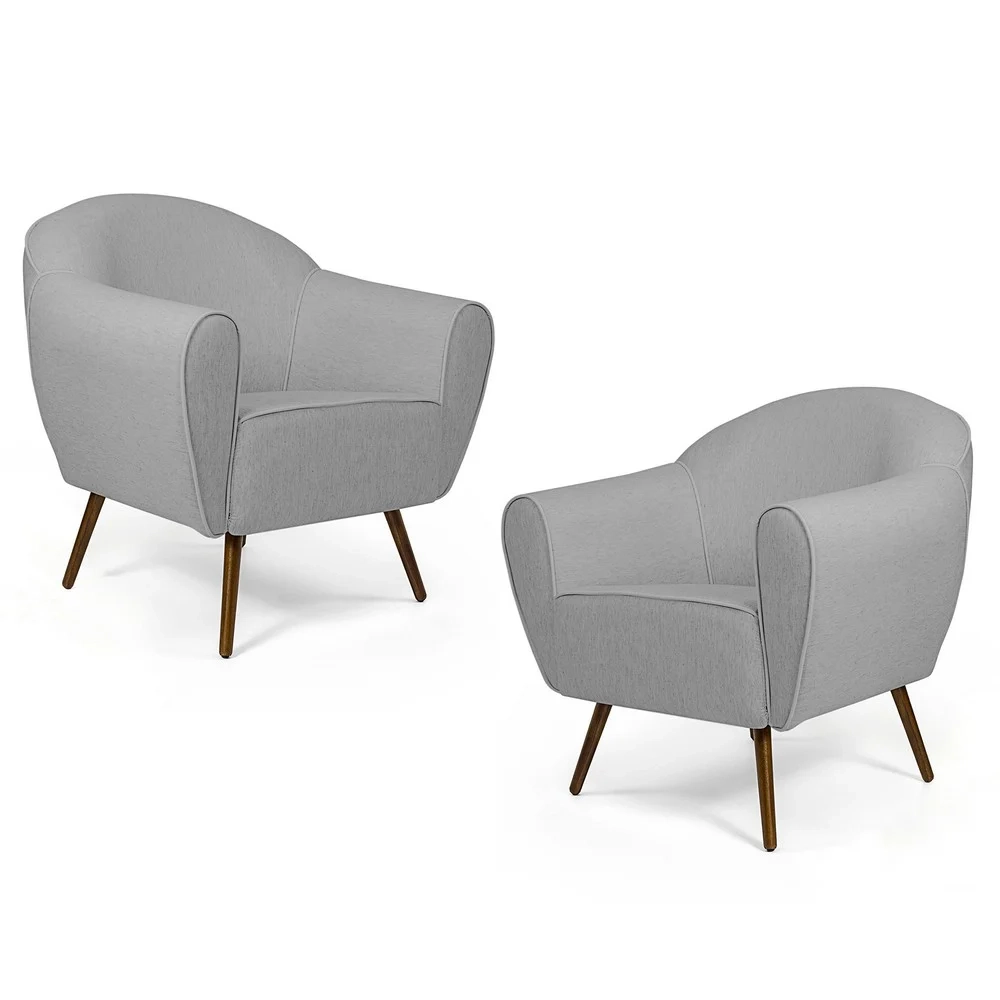Kit 02 Poltronas Decorativas Nina Pés Palito Madeira C-315 Linho Cinza Claro - Domi
