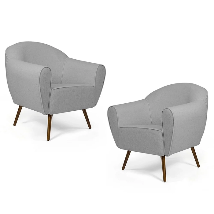 Kit 02 Poltronas Decorativas Nina Pés Palito Madeira C-315 Linho Cinza Claro - Domi