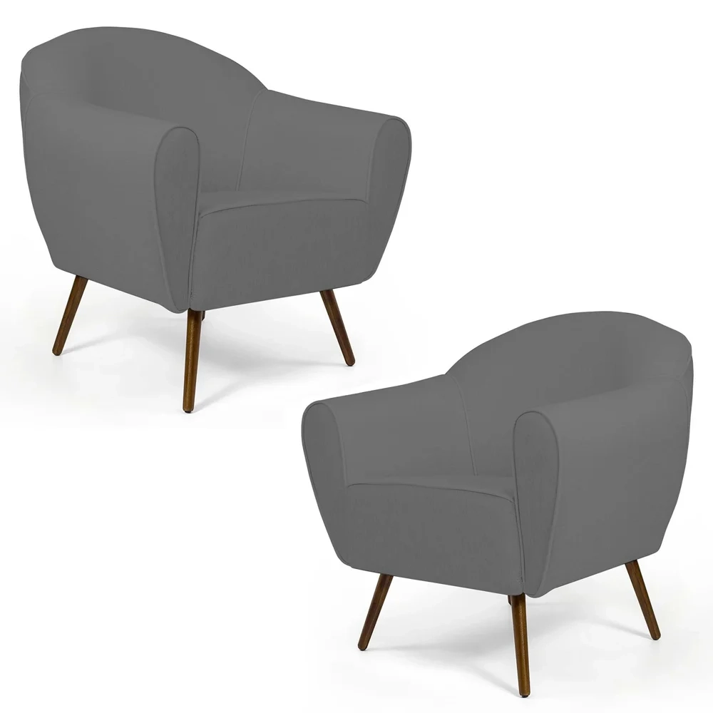 Kit 02 Poltronas Decorativas Nina Pés Palito Madeira C-416 Linho Cinza Escuro - Domi