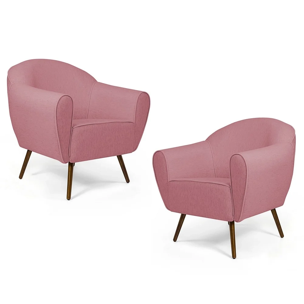 Kit 02 Poltronas Decorativas Nina Pés Palito Madeira C-105 Linho Rosê - Domi
