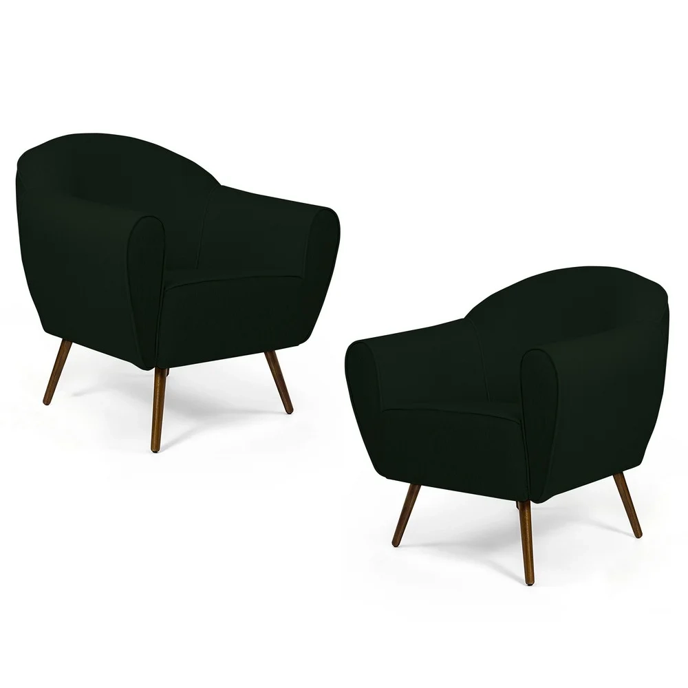 Kit 02 Poltronas Decorativas Nina Pés Palito Madeira C-117 Linho Verde Musgo - Domi