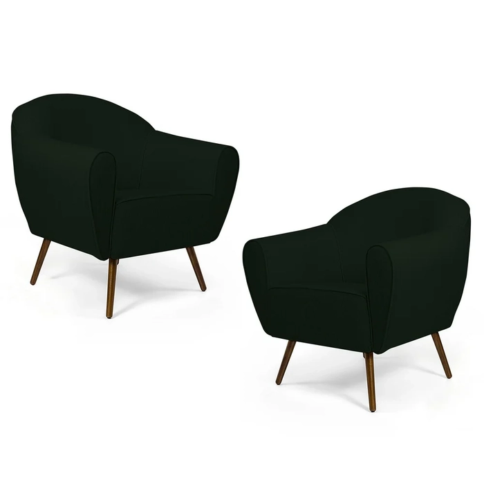 Kit 02 Poltronas Decorativas Nina Pés Palito Madeira C-117 Linho Verde Musgo - Domi