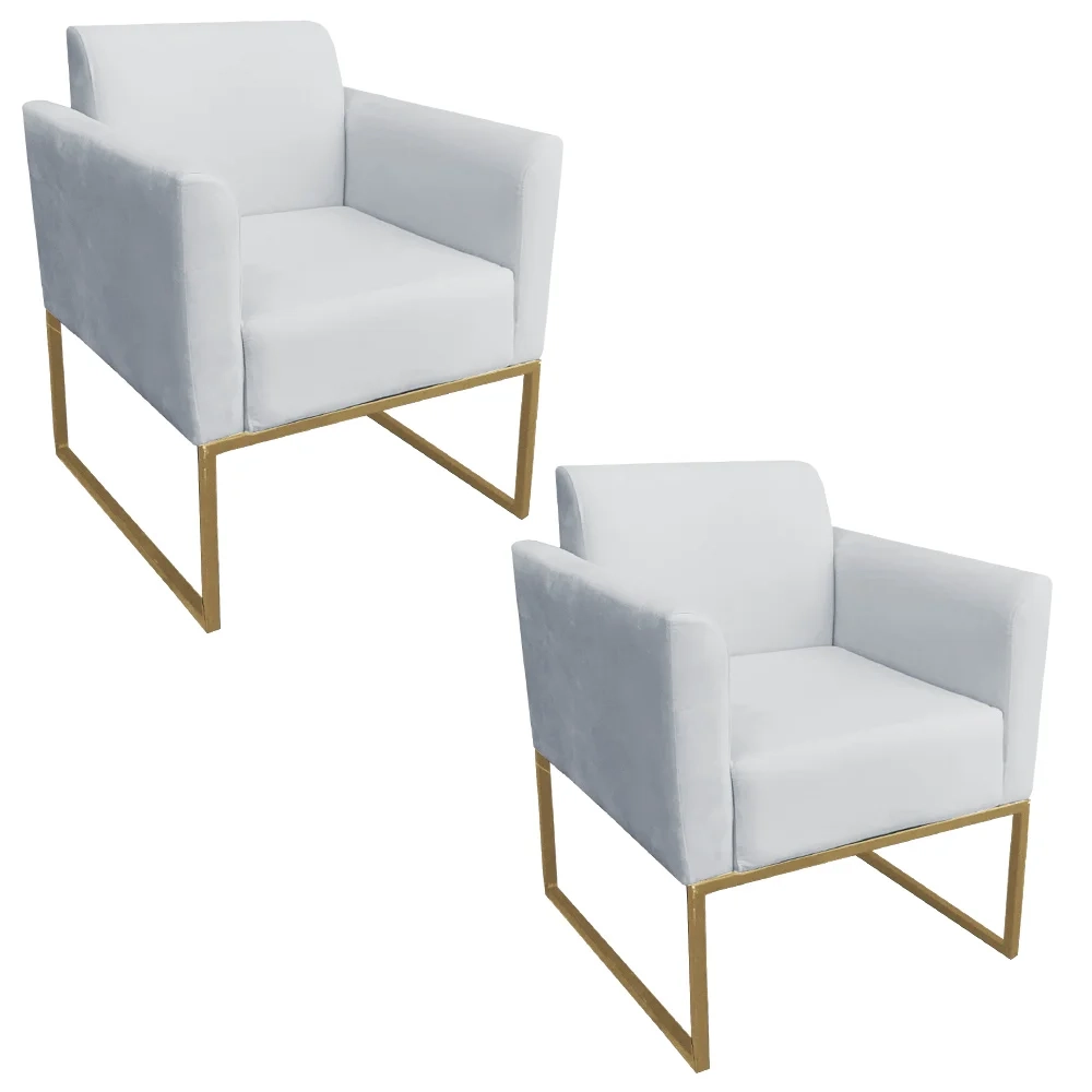 Kit 2 Poltronas Decorativas Base Industrial Dourada Maressa S10 Suede Cinza - Ibiza