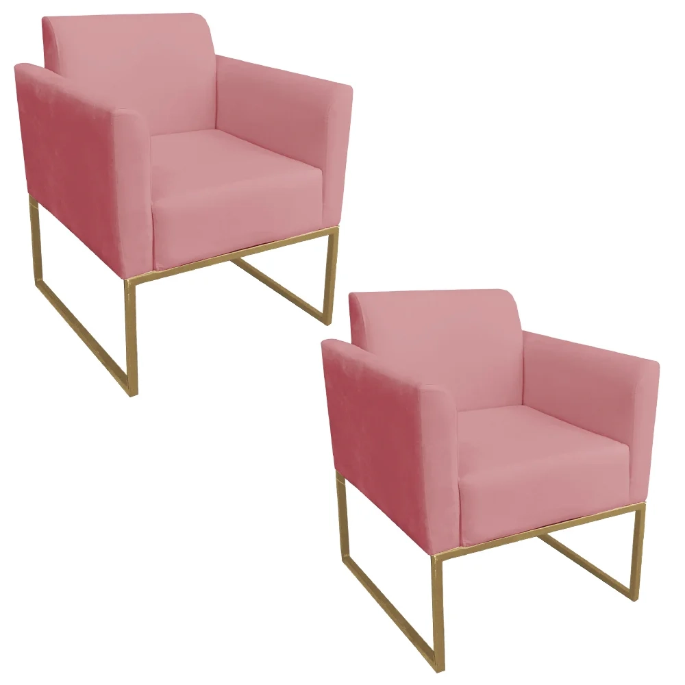 Kit 2 Poltronas Decorativas Base Industrial Dourada Maressa S17 Suede Rosê - Ibiza