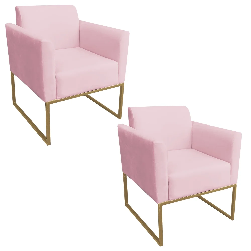 Kit 2 Poltronas Decorativas Base Industrial Dourada Maressa S19 Suede Rosa Bebê - Ibiza