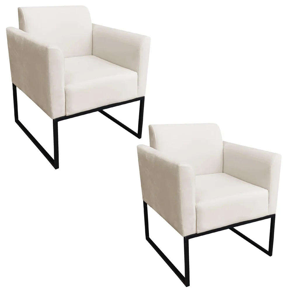 Kit 2 Poltronas Decorativas Base Industrial Preto Maressa S03 Suede Bege - Ibiza