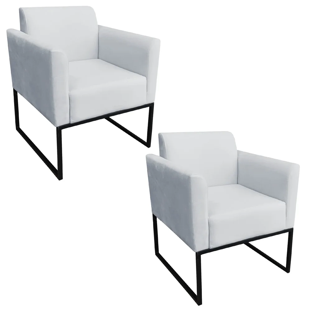 Kit 2 Poltronas Decorativas Base Industrial Preto Maressa S10 Suede Cinza - Ibiza