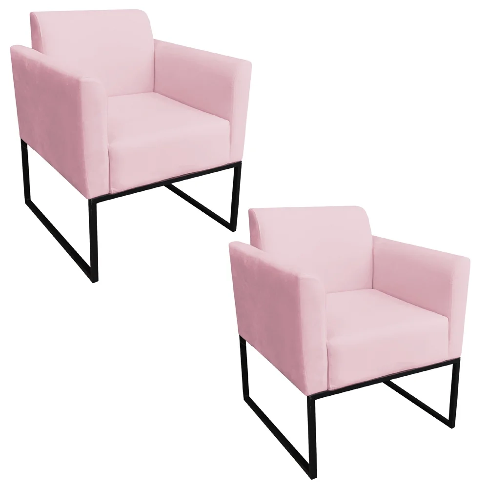 Kit 2 Poltronas Decorativas Base Industrial Preto Maressa S19 Suede Rosa Bebê - Ibiza