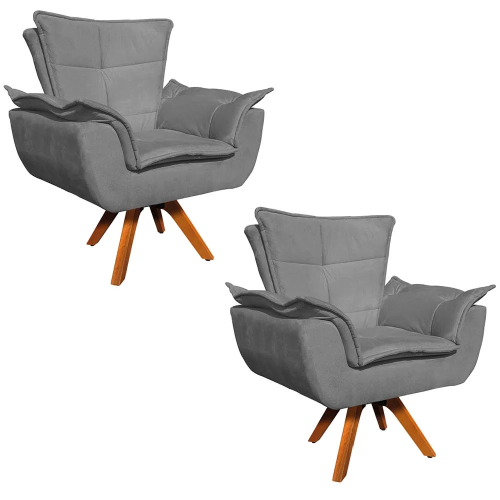 Kit 2 Poltronas Decorativas Sala de Estar Base Giratória Madeira Opla Suede Grafite - Ibiza