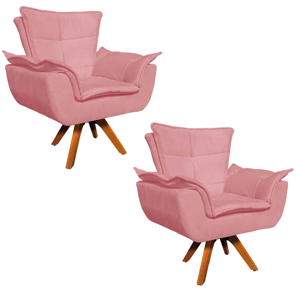Kit 2 Poltronas Decorativas Sala de Estar Base Giratória Madeira Opla Suede Rose - Ibiza
