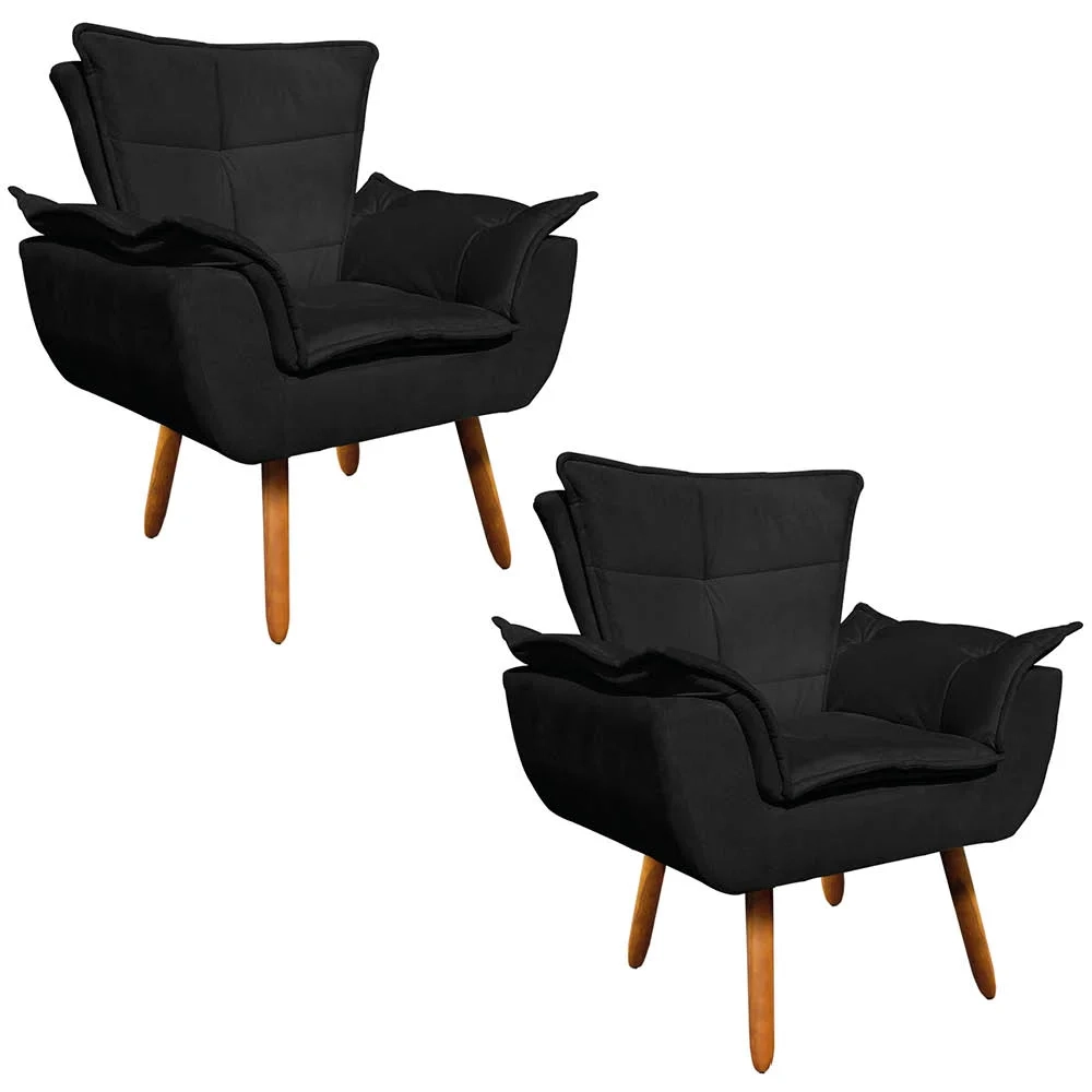 Kit 2 Poltronas Decorativas Sala de Estar Pés Palito Opla Suede Preto - Ibiza