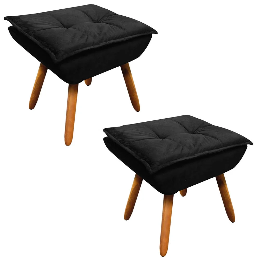 Kit 2 Puffs Decorativos Sala de Estar Pés Palito Opla Suede Preto - Ibiza