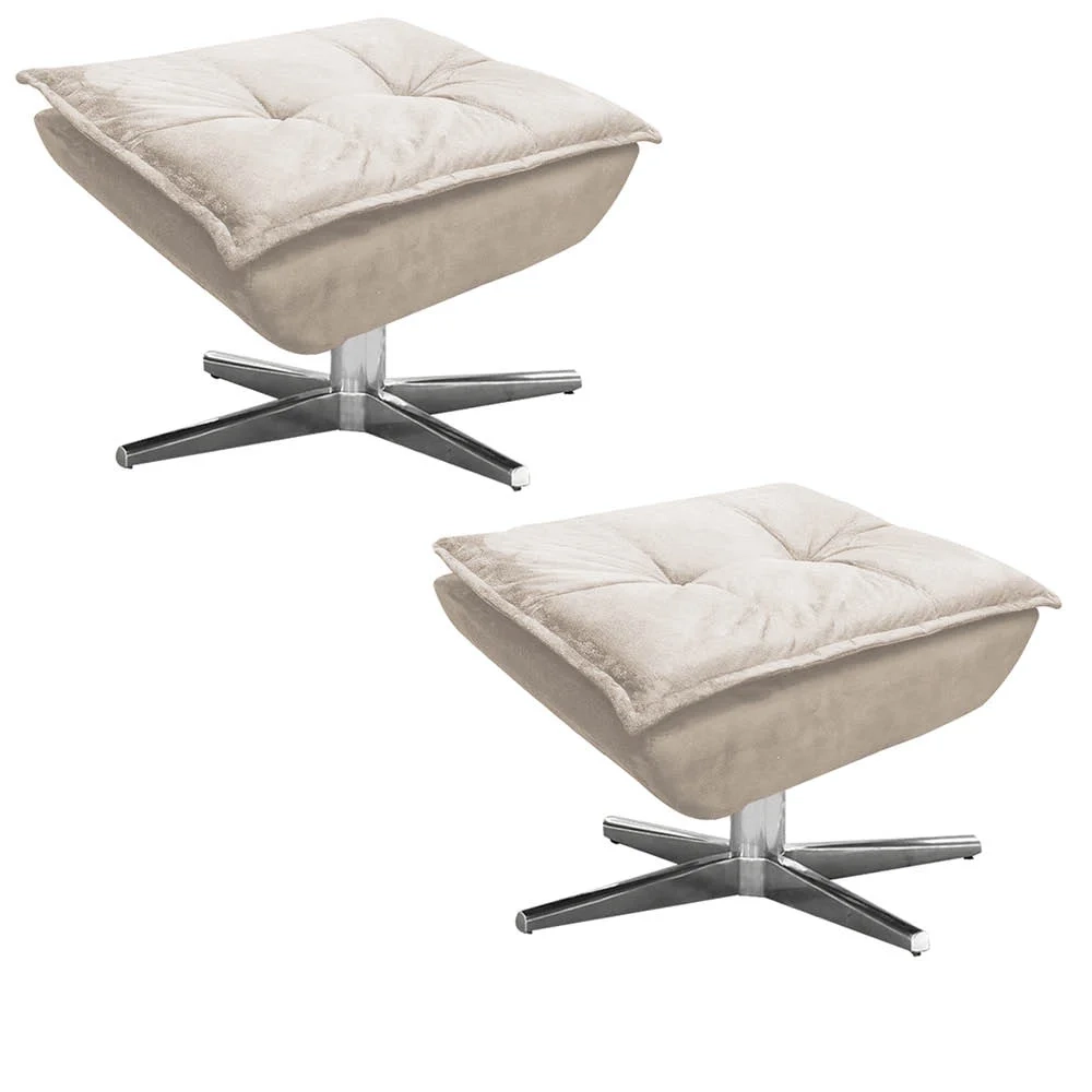 Kit 2 Puffs Decorativos Sala de Estar Giratória Cromada Opla Suede Bege - Ibiza