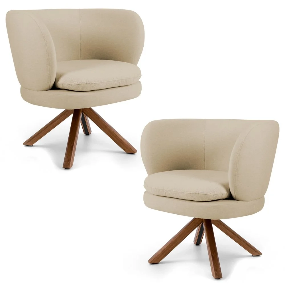 Kit 02 Poltronas Decorativas Melissa Base Giromad Giratória C-129 Linho Bege Escuro - Domi