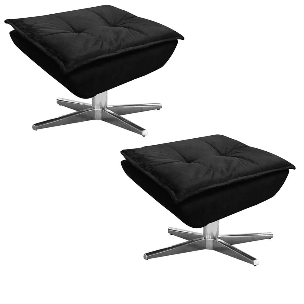 Kit 2 Puffs Decorativos Sala de Estar Giratória Cromada Opla Suede Preto - Ibiza
