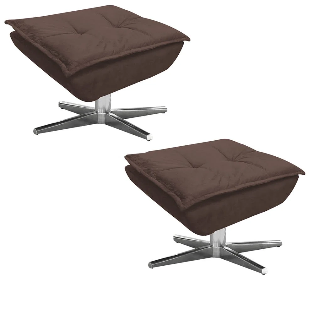 Kit 2 Puffs Decorativos Sala de Estar Giratória Cromada Opla Suede Marrom - Ibiza