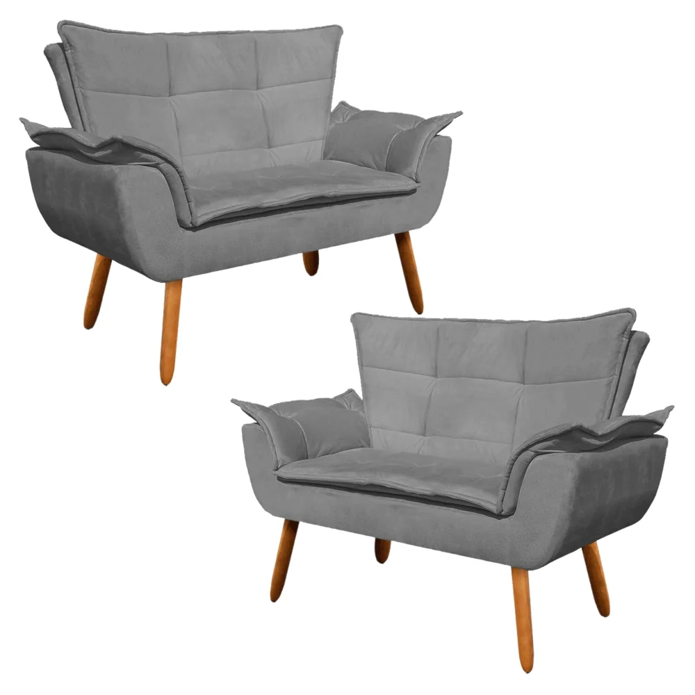 Kit 2 Poltronas Namoradeiras Pés Palito 2 Lugares Opla Suede Grafite - Ibiza