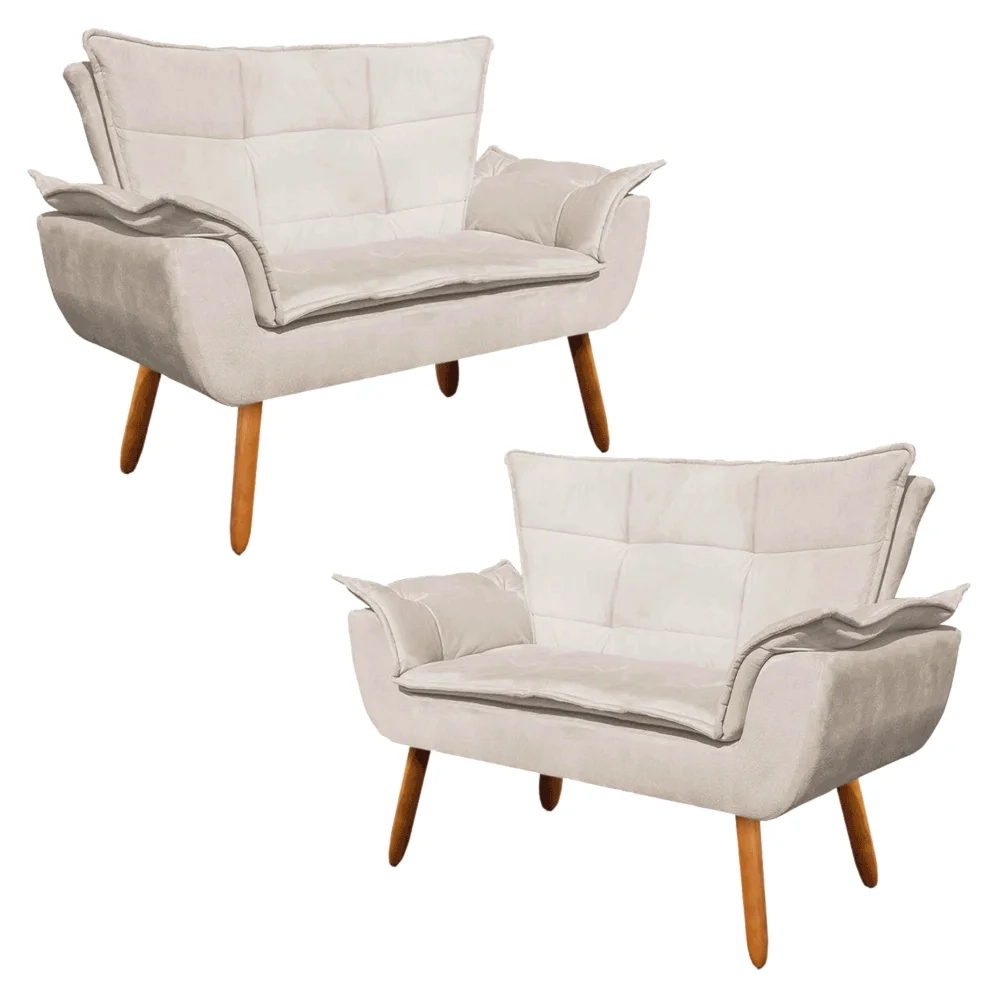 Kit 2 Poltronas Namoradeiras Pés Palito 2 Lugares Opla Suede Bege - Ibiza