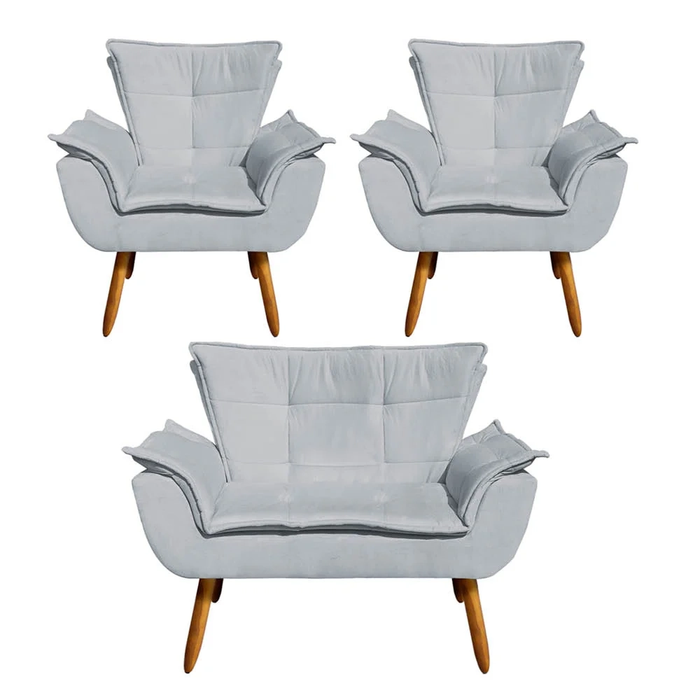 Kit Namoradeira 2 Lugares e 2 Poltronas Decorativas Pés Palito Opla Suede Cinza - Ibiza