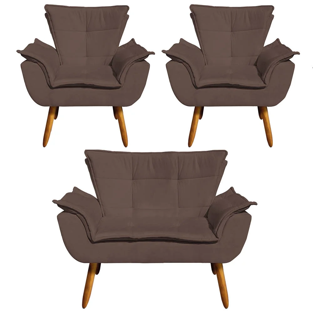 Kit Namoradeira 2 Lugares e 2 Poltronas Decorativas Pés Palito Opla Suede Marrom - Ibiza