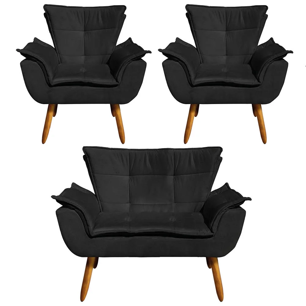 Kit Namoradeira 2 Lugares e 2 Poltronas Decorativas Pés Palito Opla Suede Preto - Ibiza
