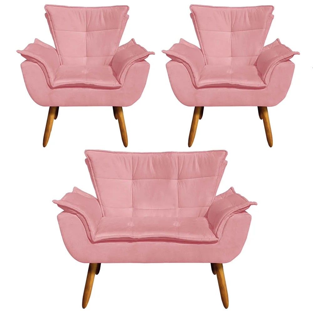 Kit Namoradeira 2 Lugares e 2 Poltronas Decorativas Pés Palito Opla Suede Rosê - Ibiza