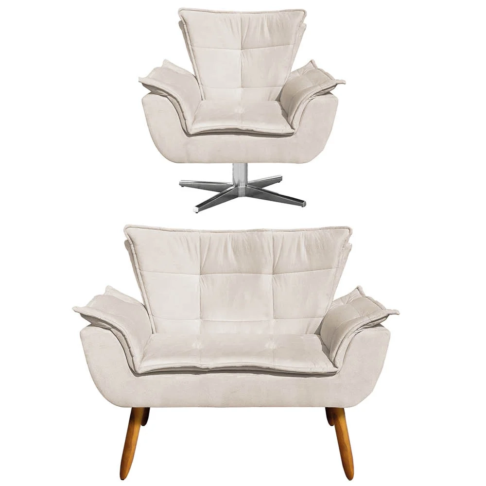 Kit Namoradeira 2 Lugares e 1 Poltrona Decorativa Giratória Cromada Opla Suede Bege - Ibiza