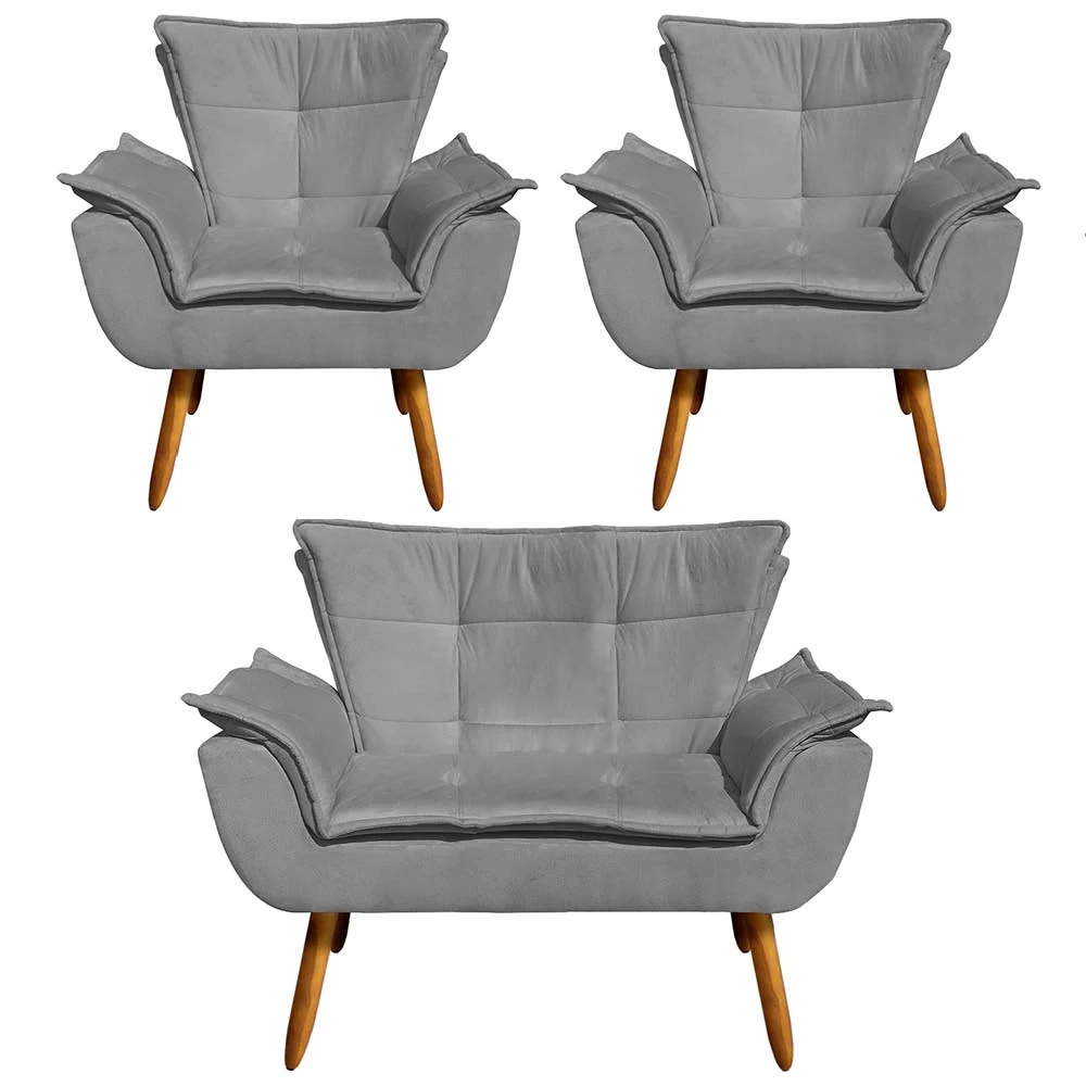 Kit Namoradeira 2 Lugares e 2 Poltronas Decorativas Pés Palito Opla Suede Grafite - Ibiza