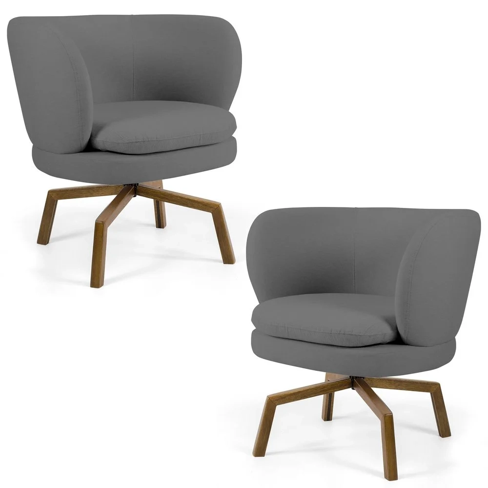 Kit 2 Poltronas Decorativas Melissa Base Ka Giratória Castanho Veludo C-317 Cinza - Domi